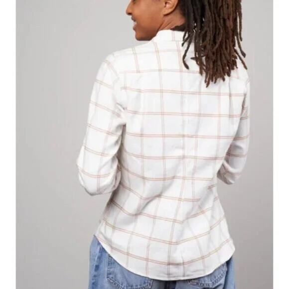 Frank & Eileen Barry Woven Long Sleeve Button Up Shirt Camel Windowpane Women S - Picture 2 of 8